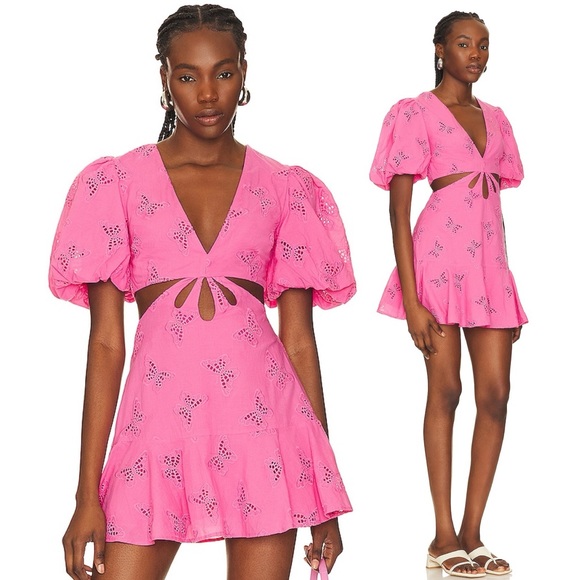 Lovers + Friends Dresses & Skirts - Lovers + Friends Farrah Cut Out Puff Sleeve Mini Dress in Fuchsia Pink